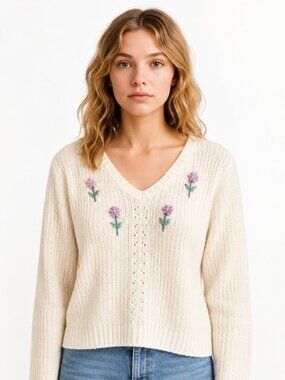 Adoria Vintage Y2K Cream Floral Embroidered V Neck Knit Sweater 90s Small
